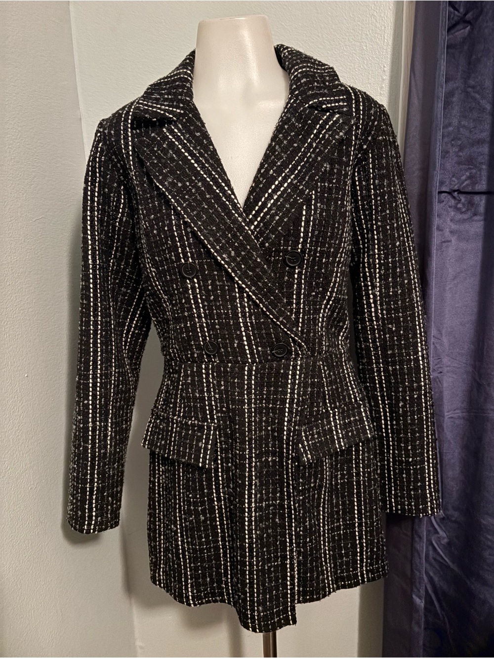 VENUS Black and White Tweed Double-Breasted Blazer Coat